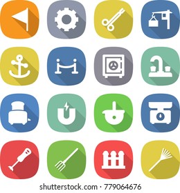 flat vector icon set - flag vector, gear, surgical clamp, loading, anchor, vip fence, safe, water tap, toaster, magnet, ladle, kitchen scales, blender, fork, grain elevator, rake