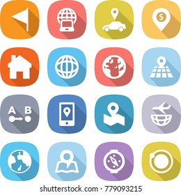 flat vector icon set - flag vector, notebook globe, car pointer, dollar pin, home, map, route a to b, mobile location, plane shipping, earth, compass, orbit
