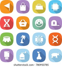 flat vector icon set - flag vector, shopping bag, chip, dna, remove from basket, donut, measuring tape, stadium, palm, magnetic field, usb flash, hand mill, pear, sheep