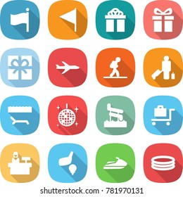 flat vector icon set - flag vector, gift, plane, tourist, passenger, lounger, disco ball, aquapark, baggage trolley, reception, golf, jet ski, inflatable pool