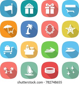 flat vector icon set - flag vector, gift, lounger, palm, hawaiian wreath, starfish, baggage trolley, reception, jet ski, yacht, hammock, windsurfing, inflatable pool, shining