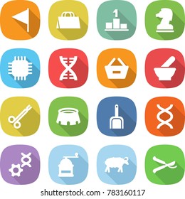 flat vector icon set - flag vector, shopping bag, pedestal, chess horse, chip, dna, remove from basket, mortar, surgical clamp, stadium, scoop, edit, hand mill, sheep, pruner