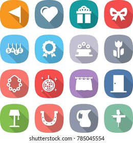 flat vector icon set - flag vector, heart, gift, bow, sale, medal, flower bed, perishable, hawaiian wreath, disco ball, curtain, door, floor lamp, horseshoe, jug, scarecrow