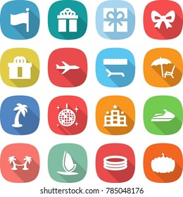flat vector icon set - flag vector, gift, bow, hi quality package, plane, lounger, palm, disco ball, hotel, jet ski, hammock, windsurfing, inflatable pool, pumpkin