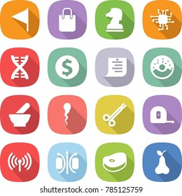 flat vector icon set - flag vector, shopping bag, chess horse, chip, dna, dollar coin, list, donut, mortar, sperm, surgical clamp, measuring tape, wireless, magnetic field, steake, pear