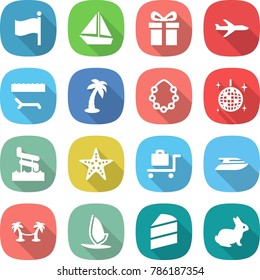 flat vector icon set - flag vector, boat, gift, plane, lounger, palm, hawaiian wreath, disco ball, aquapark, starfish, baggage trolley, yacht, hammock, windsurfing, cake, rabbit