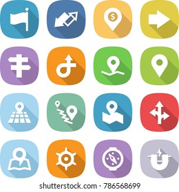 flat vector icon set - flag vector, up down arrow, dollar pin, right, singlepost, trip, geo, map, route, handwheel, compass, electric magnet