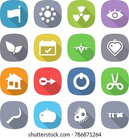 flat vector icon set - flag vector, round around, nuclear, eye, leafs, terms, plane, heart pendant, home, electron, on off button, scissors, sickle, tomato, microb, drying clothes