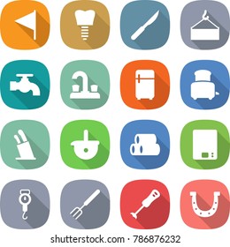 flat vector icon set - flag vector, tooth implant, scalpel, loading crane, water tap, fridge, toaster, stands for knives, ladle, pipes, kitchen scales, handle, big fork, blender, horseshoe