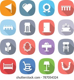 flat vector icon set - flag vector, heart, medal, bridge, building, door, flower bed, perishable, hawaiian wreath, restaurant, chair, crib, rocking, floor lamp, horseshoe