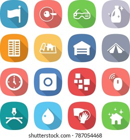 flat vector icon set - flag vector, cell corection, smart glasses, cleanser, pills blister, project, garage, tent, watch, ring button, blocks, wireless mouse, drawing pen, drop, wiping