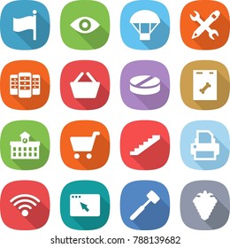 flat vector icon set - flag vector, eye, parachute, pencil wrench, server, basket, pill, roentgen, university, cart, stairs, printer, wireless, browser window, meat hammer, berry