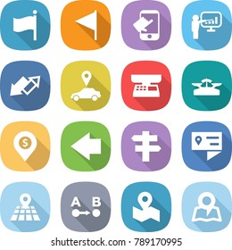 flat vector icon set - flag vector, touch, presentation, up down arrow, car pointer, market scales, dollar pin, left, singlepost, location details, map, route a to b