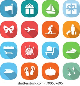 flat vector icon set - flag vector, gift, boat, bow, plane, tourist, passenger, lounger, disco ball, baggage trolley, jet ski, yacht, flip flops, pumpkin, shining