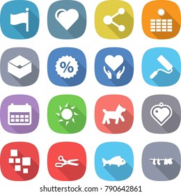 flat vector icon set - flag vector, heart, molecule, sun power, box, percent, health care, repair, calendar, dog, pendant, blocks, scissors, fish, drying clothes