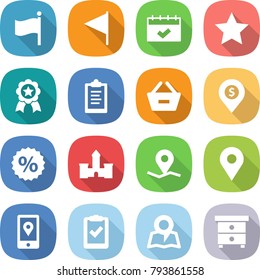 flat vector icon set - flag vector, calendar, star, medal, clipboard, remove from basket, dollar pin, percent, castle, geo, mobile location, check, map, nightstand
