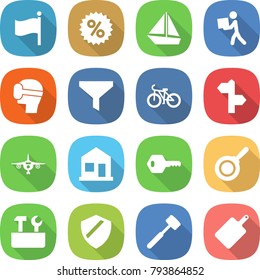 flat vector icon set - flag vector, percent, boat, courier, virtual mask, funnel, bike, signpost, plane, home, key, pan, repair tools, shield, meat hammer, cutting board