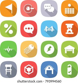 flat vector icon set - flag vector, cell corection, discussion, sun power, percent, balloon, bridge, sand clock, plane, jellyfish, electricity, garage, chair, 3d, barn, please clean