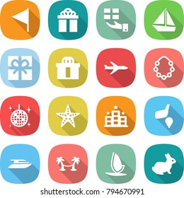 flat vector icon set - flag vector, gift, boat, hi quality package, plane, hawaiian wreath, disco ball, starfish, hotel, golf, yacht, palm hammock, windsurfing, rabbit