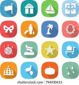 flat vector icon set - flag vector, gift, boat, bow, passenger, palm, hawaiian wreath, disco ball, aquapark, starfish, baggage trolley, hotel, golf, pumpkin, shining