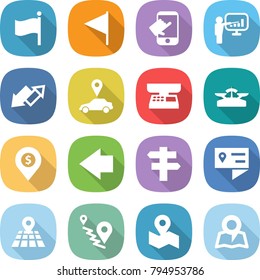 flat vector icon set - flag vector, touch, presentation, up down arrow, car pointer, market scales, dollar pin, left, singlepost, location details, map, route