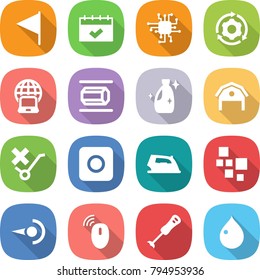flat vector icon set - flag vector, calendar, chip, around gear, notebook globe, nano tube, cleanser, barn, do not trolley sign, ring button, iron, blocks, photon, wireless mouse, blender, drop