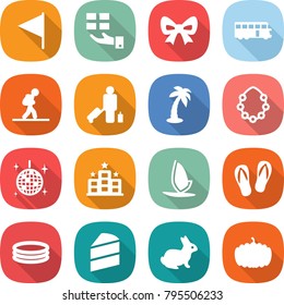 flat vector icon set - flag vector, gift, bow, bus, tourist, passenger, palm, hawaiian wreath, disco ball, hotel, windsurfing, flip flops, inflatable pool, cake, rabbit, pumpkin