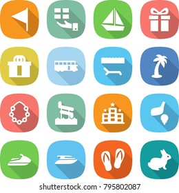 flat vector icon set - flag vector, gift, boat, hi quality package, bus, lounger, palm, hawaiian wreath, aquapark, hotel, golf, jet ski, yacht, flip flops, rabbit