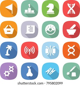 flat vector icon set - flag vector, pedestal, chess horse, dna, remove from basket, shopping list, donut, mortar, palm, wireless, magnetic field, edit, pear, clothespin, toilet brush