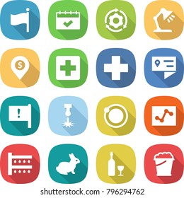 flat vector icon set - flag vector, calendar, around gear, table lamp, dollar pin, medical cross, location details, important, laser, orbit, analytics, watering, rabbit, wine, foam bucket