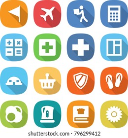 flat vector icon set - flag vector, plane, courier, calculator, medical cross, window, dome house, basket, shield, flip flops, atom core, kettle, cooking book, flower