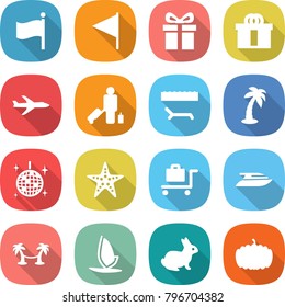 flat vector icon set - flag vector, gift, hi quality package, plane, passenger, lounger, palm, disco ball, starfish, baggage trolley, yacht, hammock, windsurfing, rabbit, pumpkin