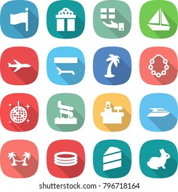 flat vector icon set - flag vector, gift, boat, plane, lounger, palm, hawaiian wreath, disco ball, aquapark, reception, yacht, hammock, inflatable pool, cake, rabbit