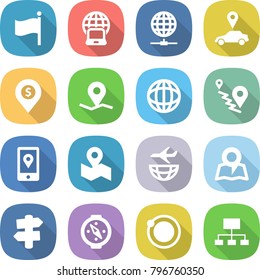 flat vector icon set - flag vector, notebook globe, connect, car pointer, dollar pin, geo, route, mobile location, map, plane shipping, signpost, compass, orbit, hierarchy
