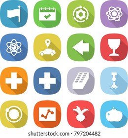 flat vector icon set - flag vector, calendar, around gear, atom, car pointer, left arrow, wineglass, medical cross, brick, laser, orbit, analytics, beet, tomato