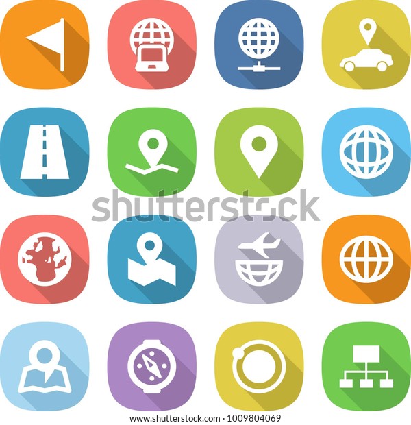 flat vector icon set - flag vector, notebook\
globe, connect, car pointer, road, geo pin, map, plane shipping,\
compass, orbit, hierarchy