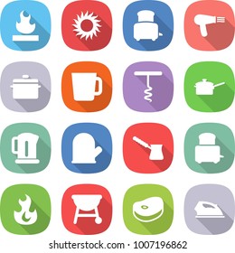 flat vector icon set - flammable vector, sun, toaster, hair dryer, pan, cup, corkscrew, saute, kettle, cook glove, turk, fire, bbq, steake, iron