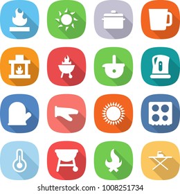 flat vector icon set - flammable vector, sun, pan, cup, fireplace, bbq, ladle, kettle, cook glove, gas oven, hob, thermometer, fire, iron board