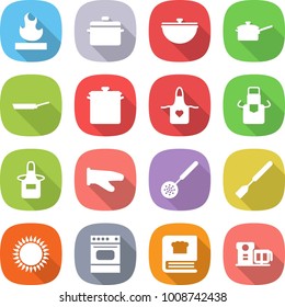 flat vector icon set - flammable vector, pan, cauldron, saute, apron, cook glove, skimmer, spatula, gas oven, cooking book, food processor