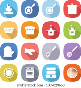 flat vector icon set - flammable vector, pan, colander, chief hat, apron, cook glove, whisk, skimmer, induction oven, double boiler, sieve