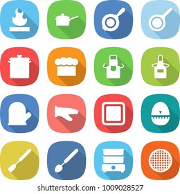 flat vector icon set - flammable vector, saute pan, chief hat, apron, cook glove, cutting board, egg timer, spatula, big spoon, double boiler, sieve