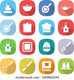 flat vector icon set - flammable vector, cauldron, pan, cook hat, apron, cutting board, egg timer, whisk, spatula, cooking book, salt pepper