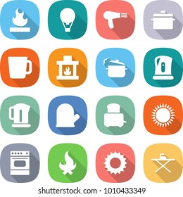 flat vector icon set - flammable vector, air ballon, hair dryer, pan, cup, fireplace, steam, kettle, cook glove, toaster, gas oven, fire, sun, iron board