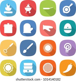 flat vector icon set - flammable vector, bbq, pan, cook glove, egg timer, whisk, big spoon, gas oven, elecric, induction, double boiler, sieve, hot pepper