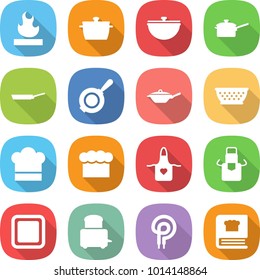 flat vector icon set - flammable vector, pan, cauldron, saute, colander, cook hat, chief, apron, cutting board, toaster, elecric oven, cooking book