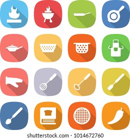 flat vector icon set - flammable vector, bbq, pan, colander, apron, cook glove, whisk, spatula, big spoon, cooking book, sieve, hot pepper