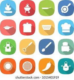 flat vector icon set - flammable vector, bbq, pan, colander, cook hat, apron, whisk, big spoon, toaster, gas oven, sieve, hot pepper