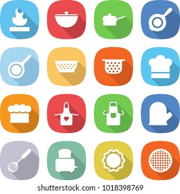 flat vector icon set - flammable vector, cauldron, saute pan, colander, cook hat, chief, apron, glove, whisk, toaster, induction oven, sieve