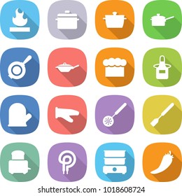 flat vector icon set - flammable vector, pan, saute, chief hat, apron, cook glove, skimmer, spatula, toaster, elecric oven, double boiler, hot pepper