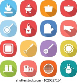 flat vector icon set - flammable vector, bbq, pan, cauldron, apron, cook glove, cutting board, whisk, skimmer, induction oven, salt pepper, food processor, sieve